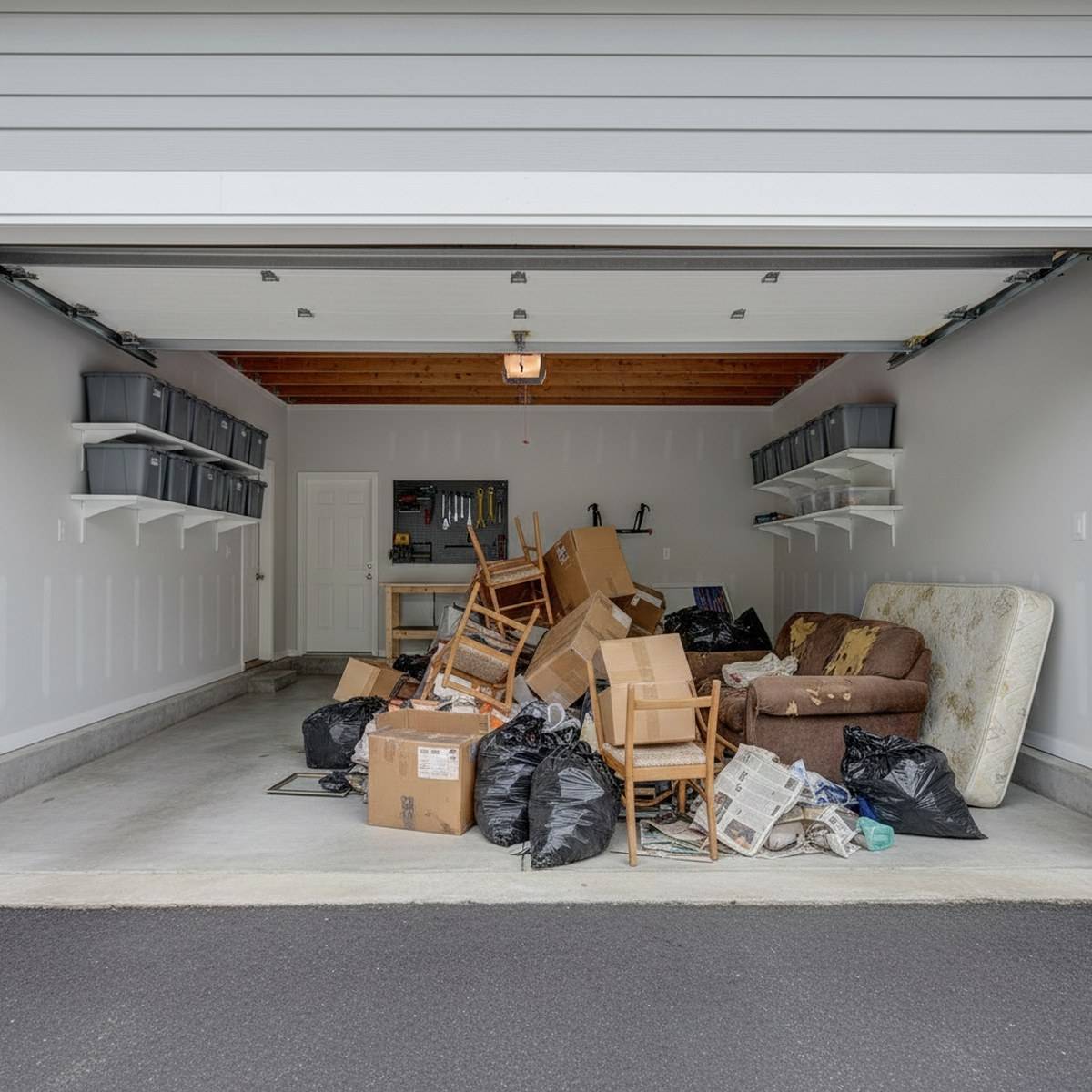 A garage packed with boxes and old furniture before a junk removal cleanout