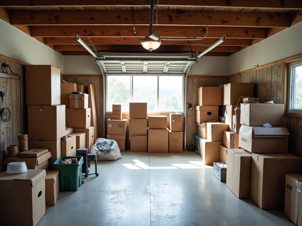 A garage packed with boxes and old furniture before a junk cleanout