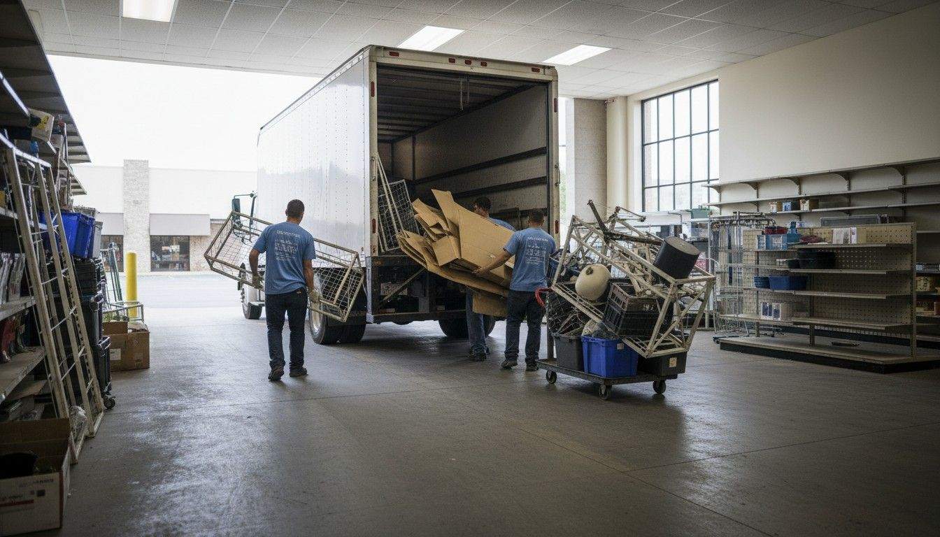 A crew loading commercial junk into a truck from a Chattanooga retail space
