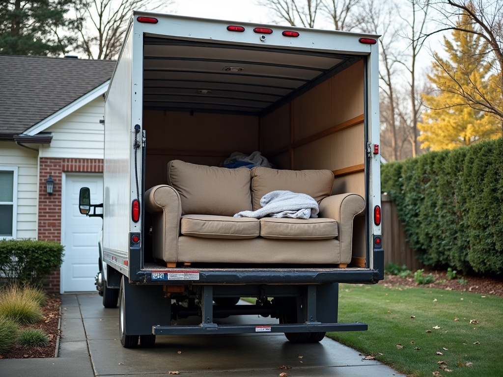 A crew loading old furniture into a junk removal box truck in a Chattanooga driveway